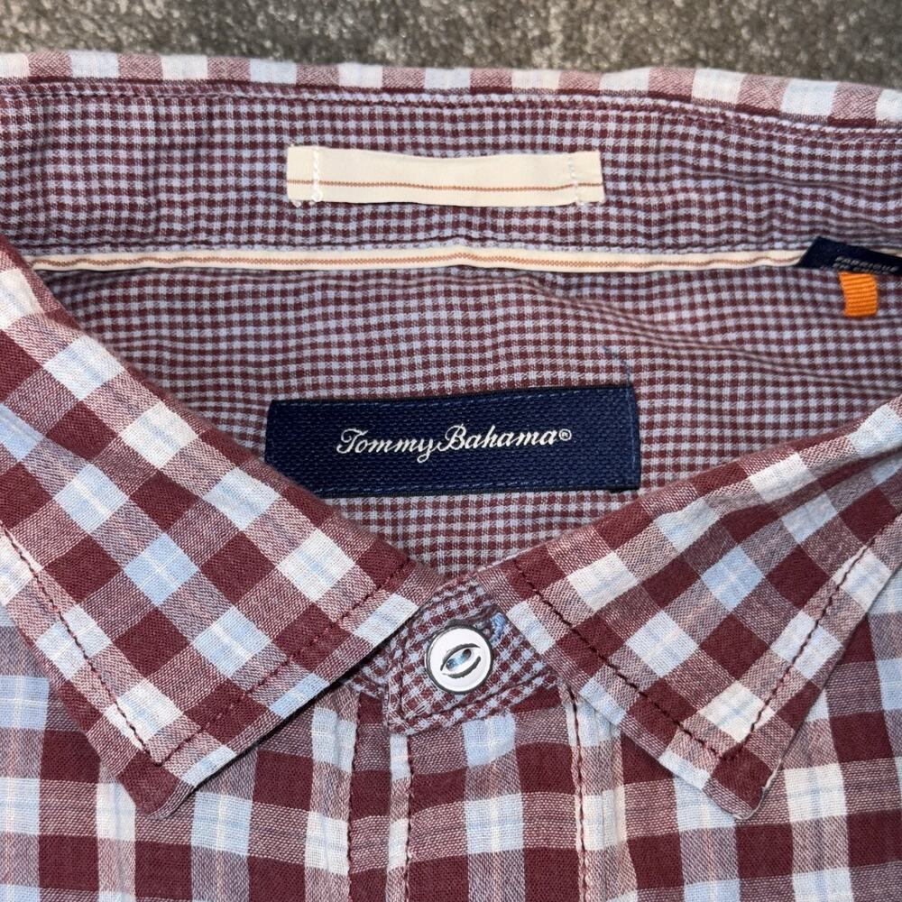 Tommy‎ Bahama Men’s 2XLT Gingham Check Shirt Burgundy Blue Cotton Long Sleeve - Picture 3 of 12